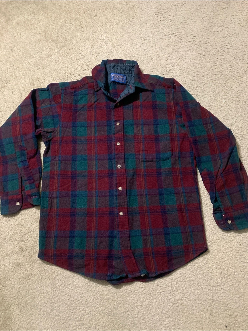Pendleton Boys Plaid Button-Down Shirt in Burgundy/Green small hole by button